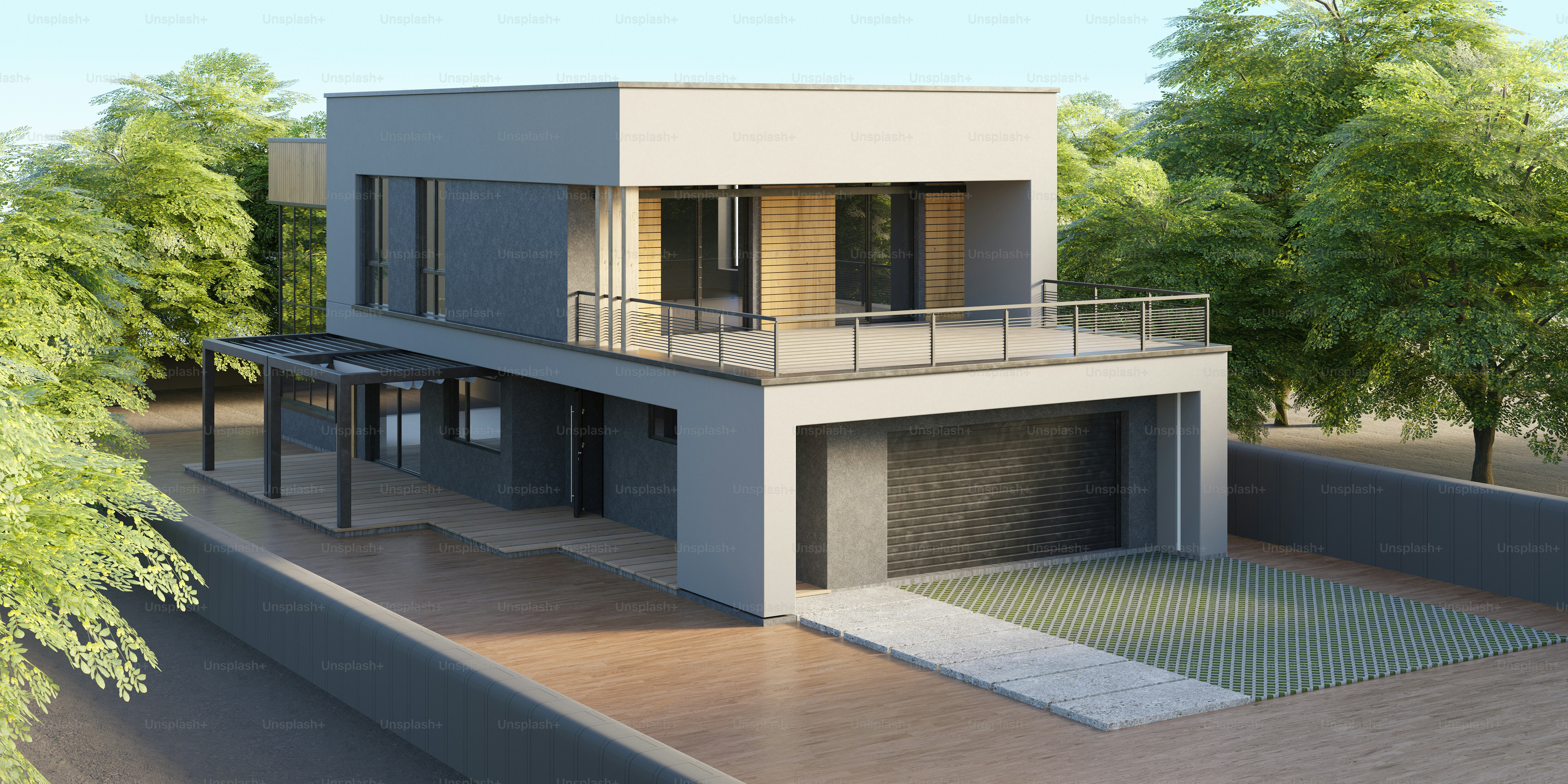 Modern house with a garage and balcony